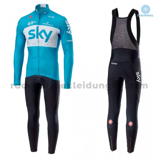 Radtrikot Langarm + Trägerhose Lange 2018 Team Sky Winter Thermal Fleece M002